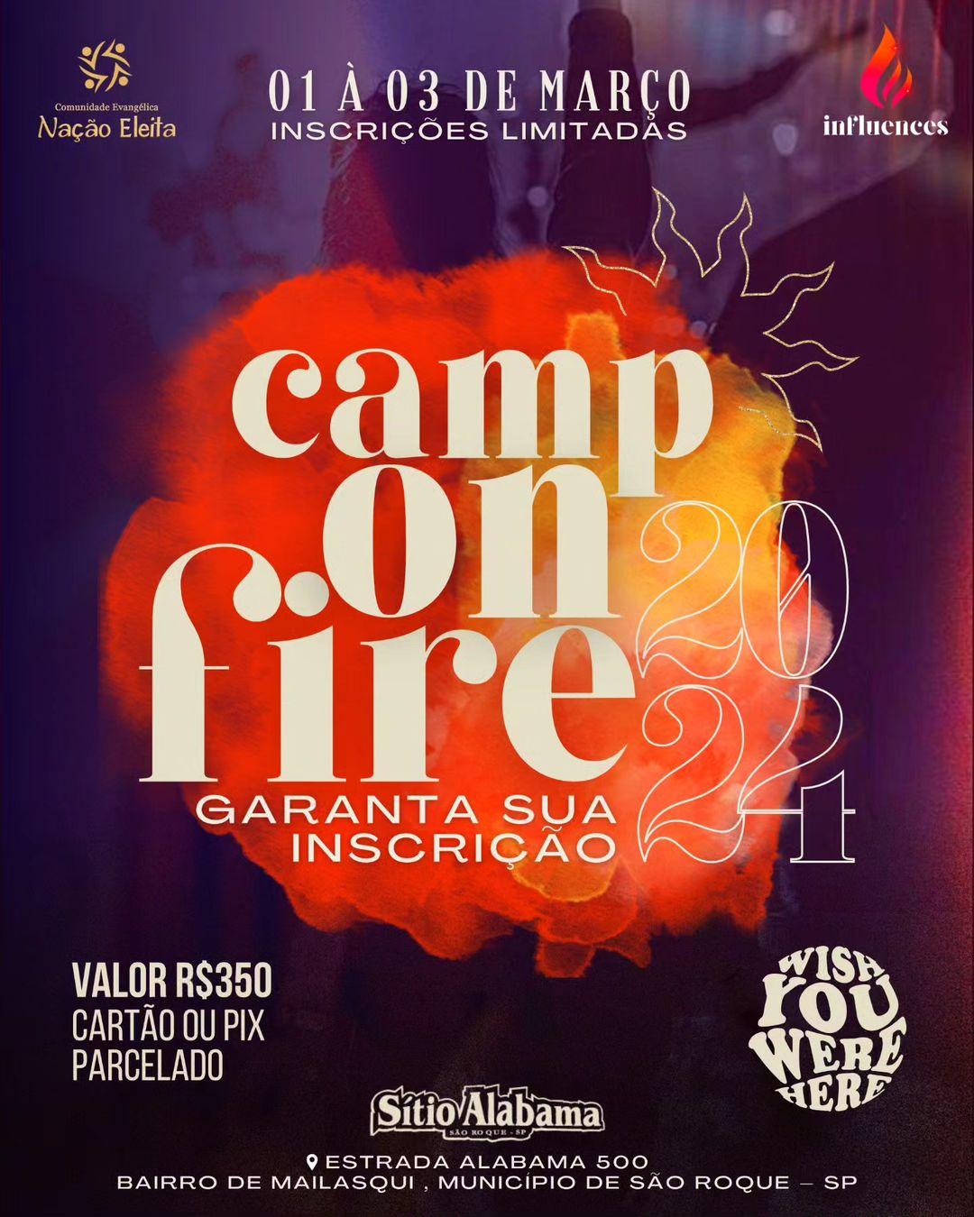 Logo, com uma fumaça alaranjada e amarelada no fundo e os dizeres "Camp on Fire 2024 garanta sua inscrição" na frente